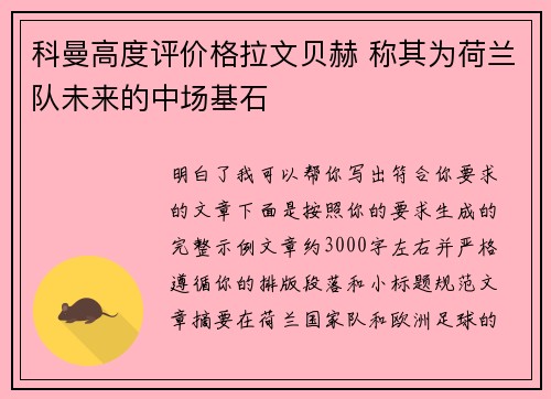 科曼高度评价格拉文贝赫 称其为荷兰队未来的中场基石