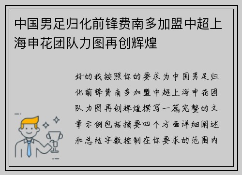 中国男足归化前锋费南多加盟中超上海申花团队力图再创辉煌